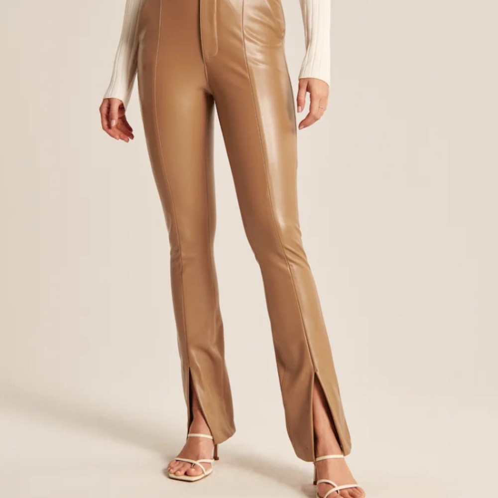Abercrombie Vegan Leather Skinny Ultra High Rise Split-Hem Pant Tan Nude